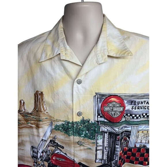 Harley Davidson Vintage Yellow Motorcycle Big Print Button Up Camp Shirt Large - Picture 5 of 10
